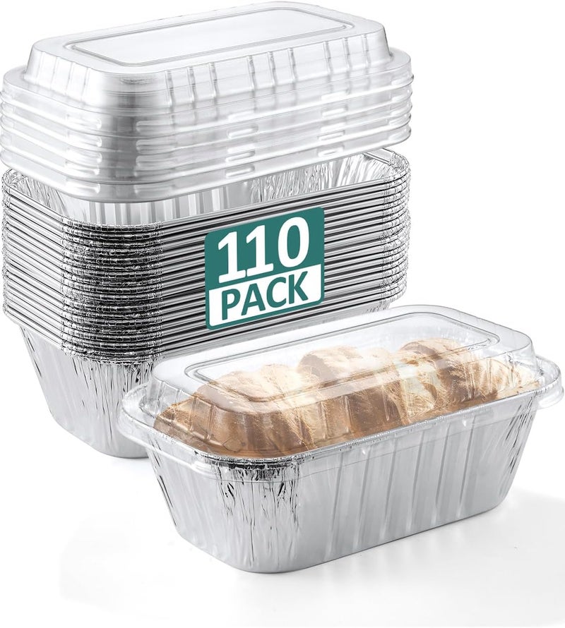 NEEBAKE 110 Pack 6x3.5x2 Disposable Aluminum Loaf Pans with Lids - 1 Lb Mini Loaf Pans, Small Aluminum Tin Foil Baking Pan, Food Containers for Baking, Cakes, Bread, Meat, Loaves - Image 1